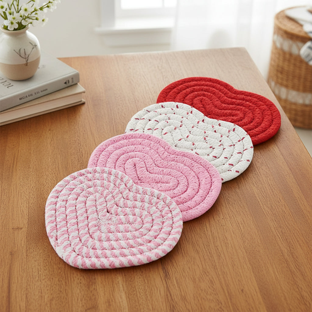 Heart-Shaped Woven Polyester Coasters - Heat-Resistant Table Mats