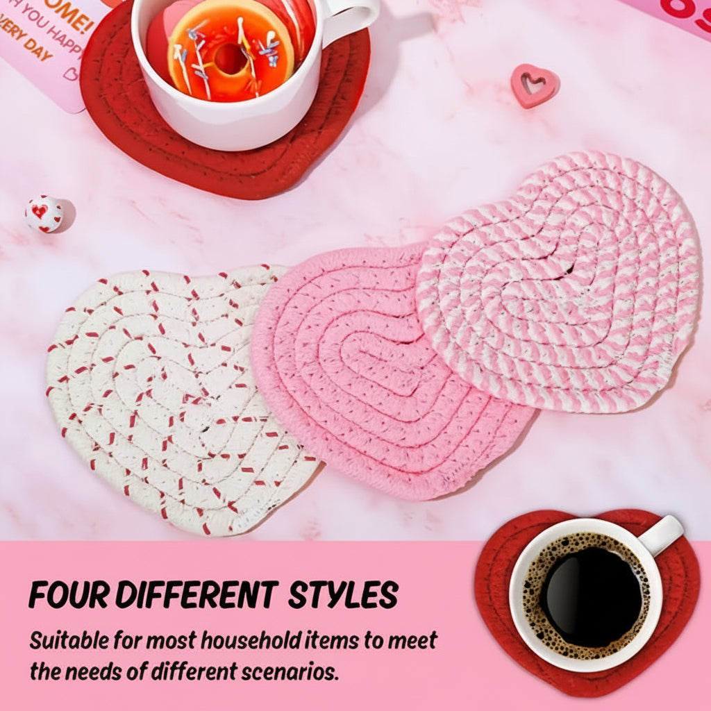 Heart-Shaped Woven Polyester Coasters - Heat-Resistant Table Mats