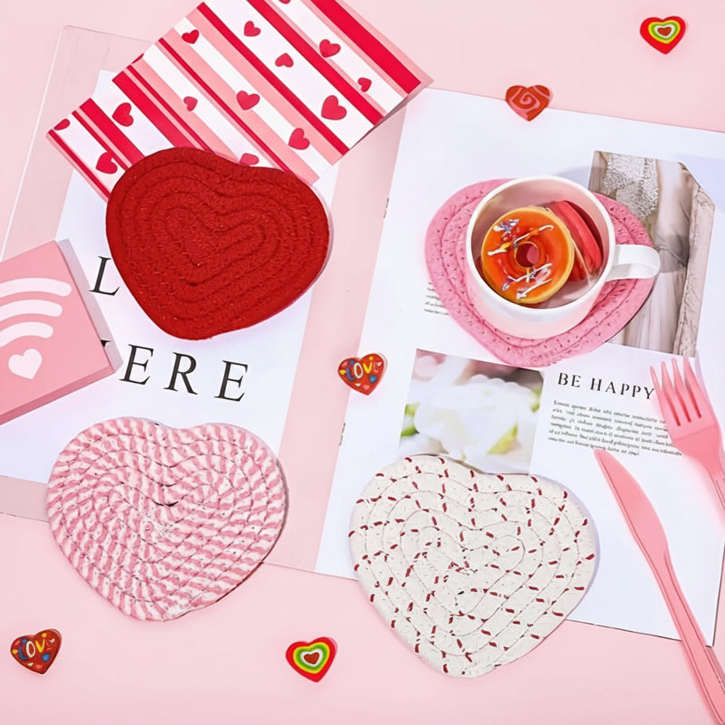 Heart-Shaped Woven Polyester Coasters - Heat-Resistant Table Mats