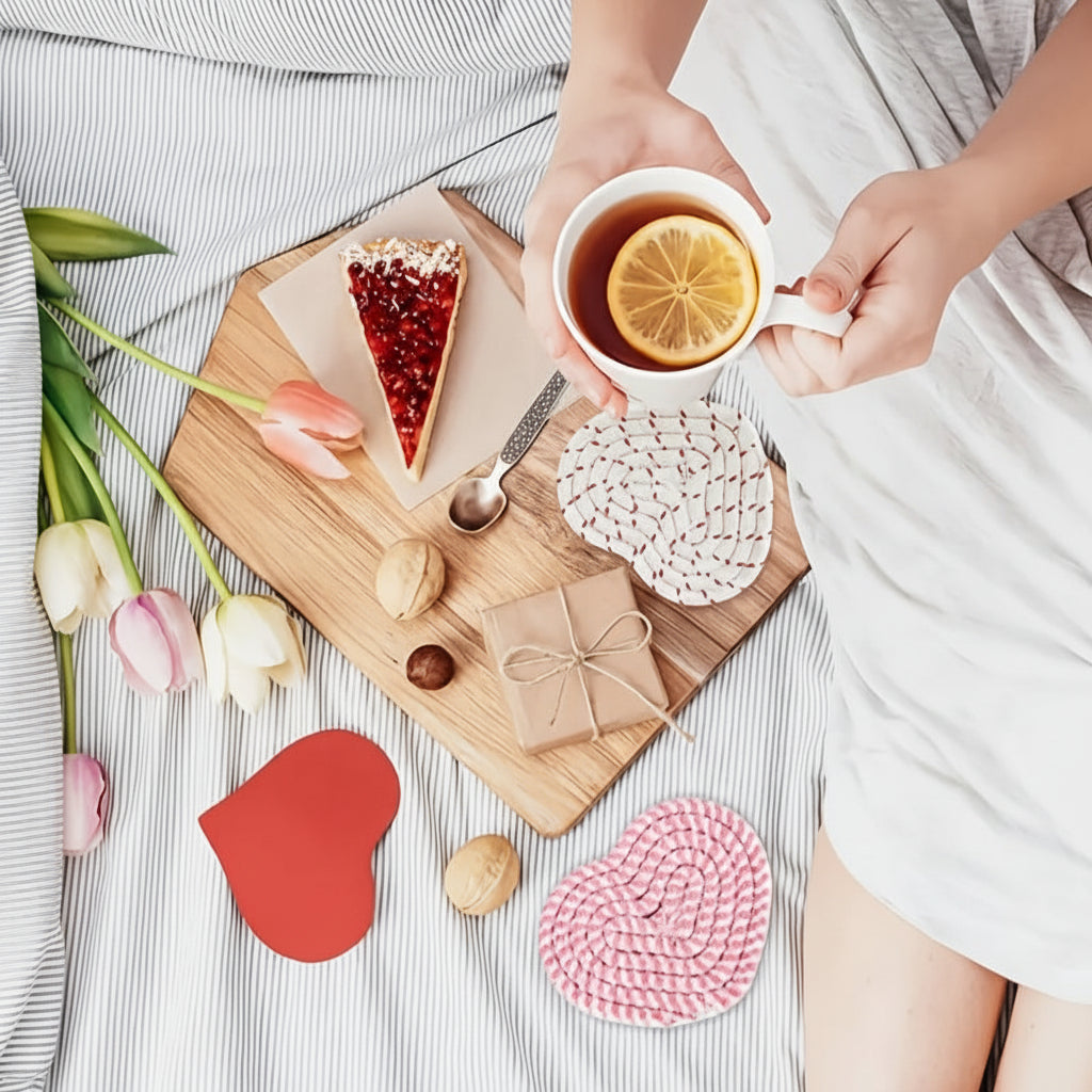 Heart-Shaped Woven Polyester Coasters - Heat-Resistant Table Mats