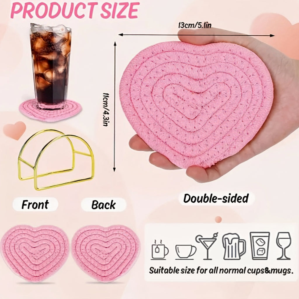 Heart-Shaped Woven Polyester Coasters - Heat-Resistant Table Mats