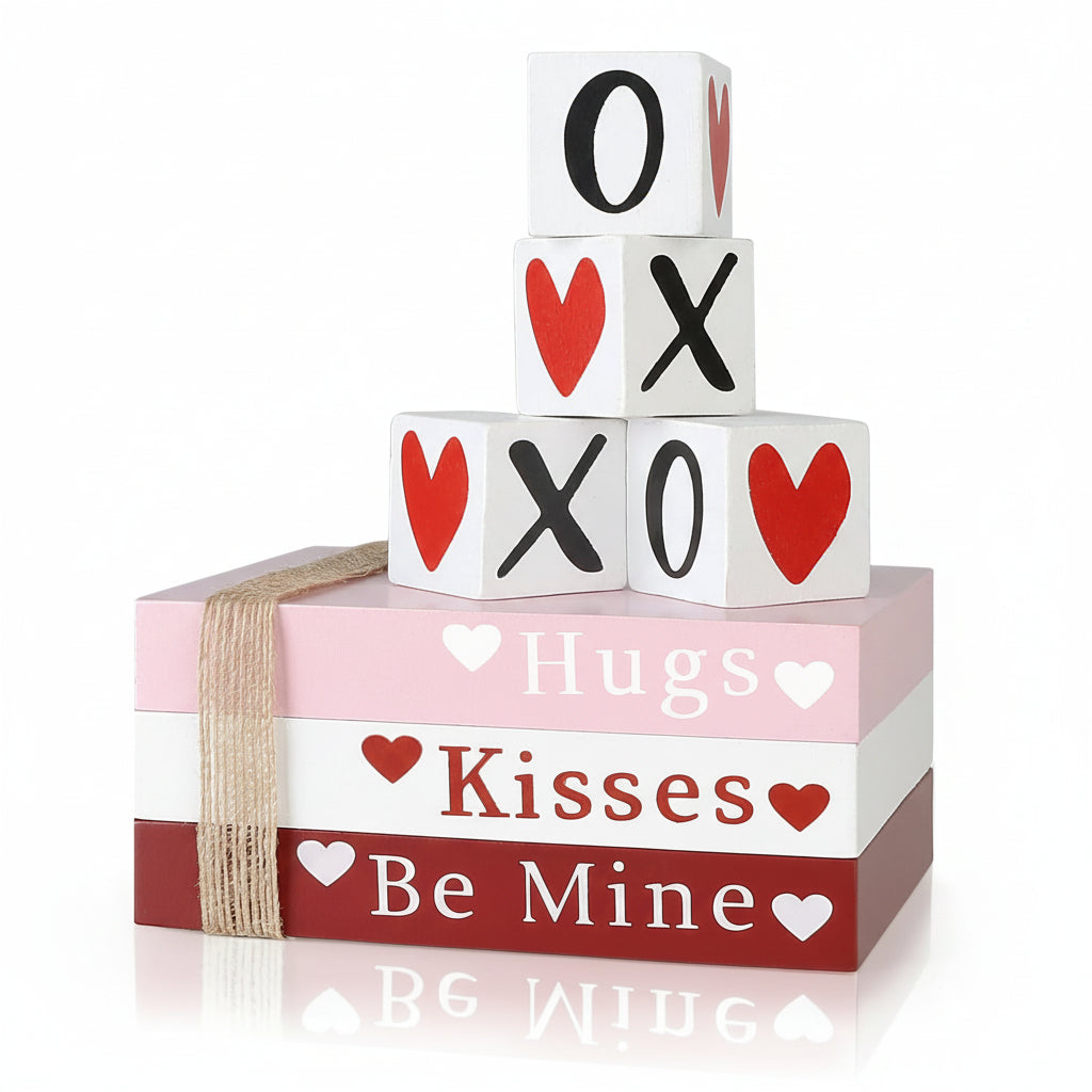 Heart-Shaped Shelf Signs - Wooden Book Stack for Valentine's Decor