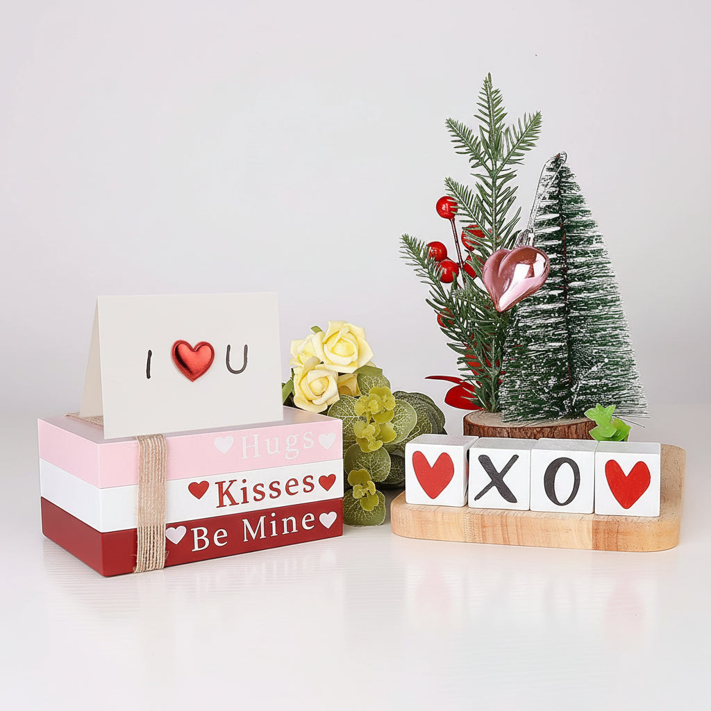 Heart-Shaped Shelf Signs - Wooden Book Stack for Valentine's Decor