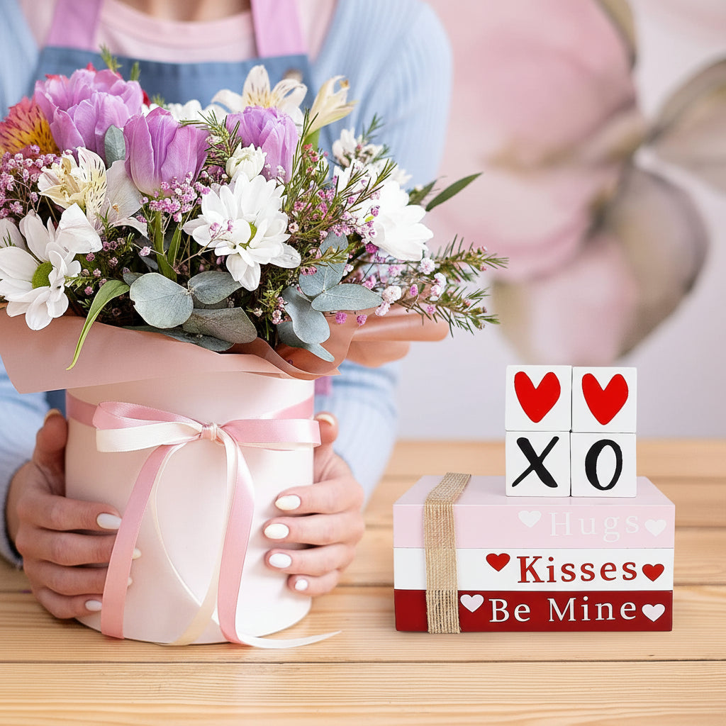 Heart-Shaped Shelf Signs - Wooden Book Stack for Valentine's Decor