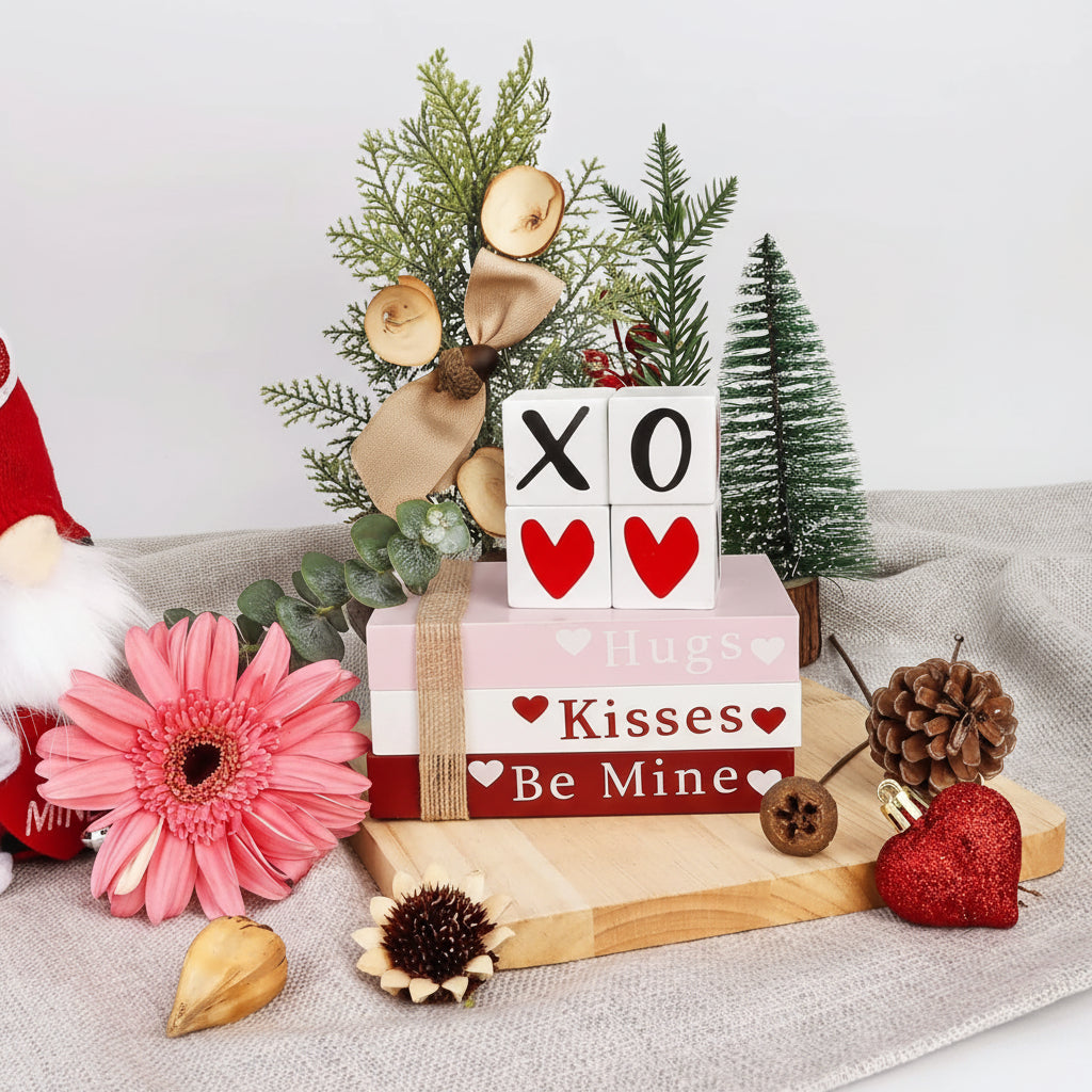 Heart-Shaped Shelf Signs - Wooden Book Stack for Valentine's Decor