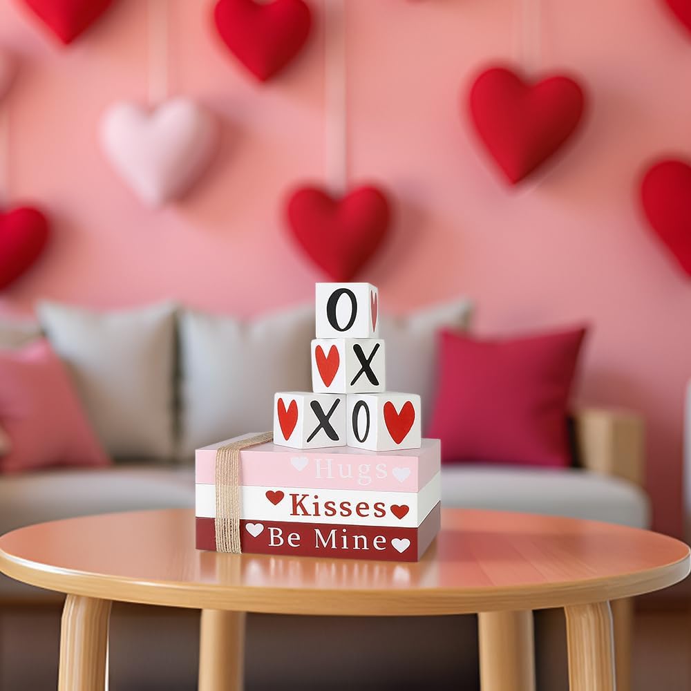 Heart-Shaped Shelf Signs - Wooden Book Stack for Valentine's Decor