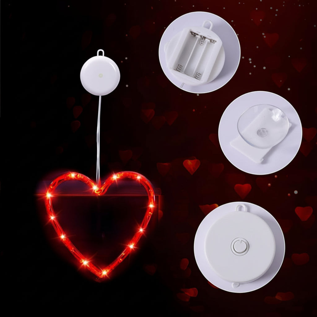 Battery-Operated Heart-Shaped LED Window Lights with Suction Cups for Decor
