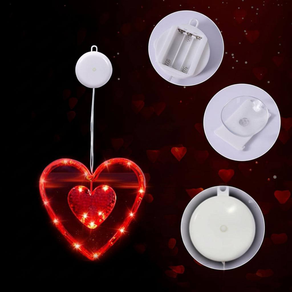 Battery-Operated Heart-Shaped LED Window Lights with Suction Cups for Decor