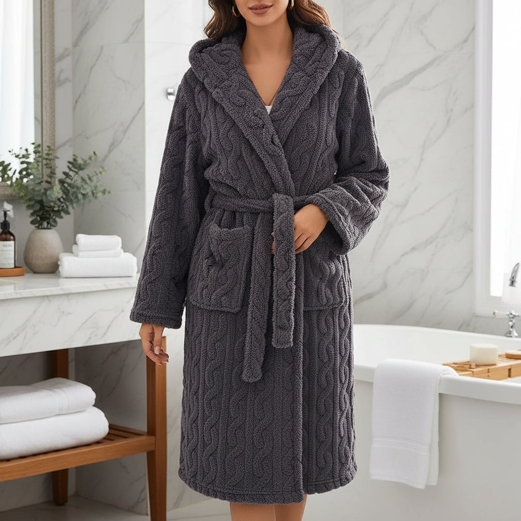 Hooded Coral Long Bathrobe for Warm Winter Comfort