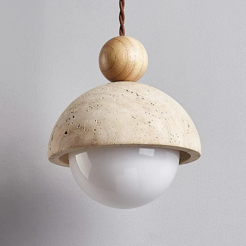 Modern Hanging Light with Half-Round Pendant – Glass and Travertine Style
