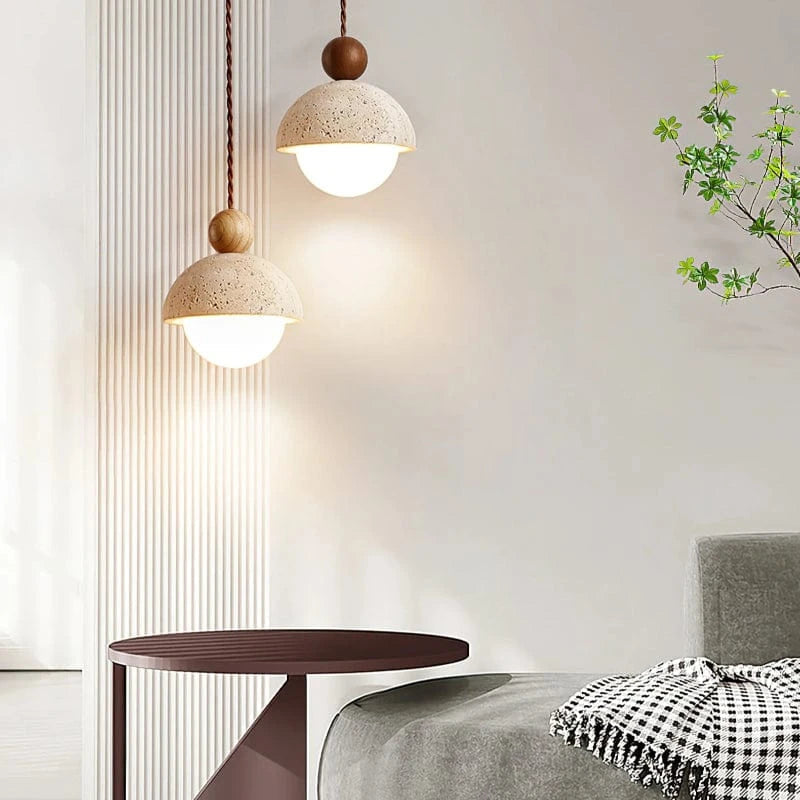 Modern Hanging Light with Half-Round Pendant – Glass and Travertine Style