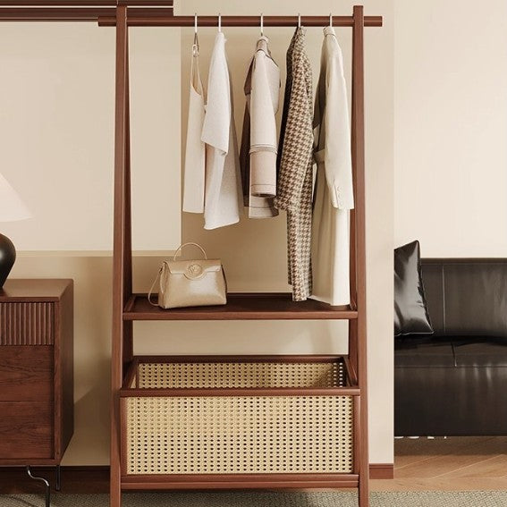 Entryway Storage Solution – Bamboo Coat Rack with Rattan Basket