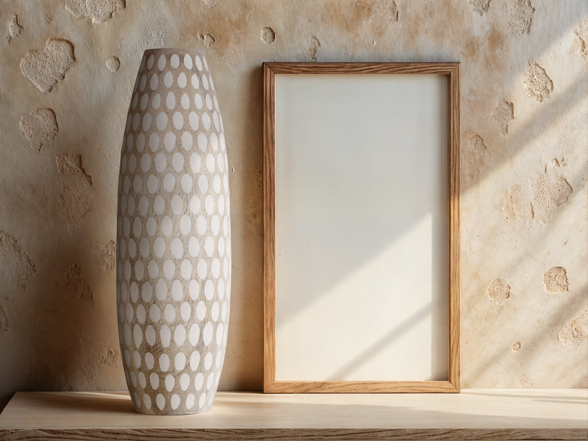 Rustic Floral Arrangement Vase – Handcrafted Wooden Design with White Dots