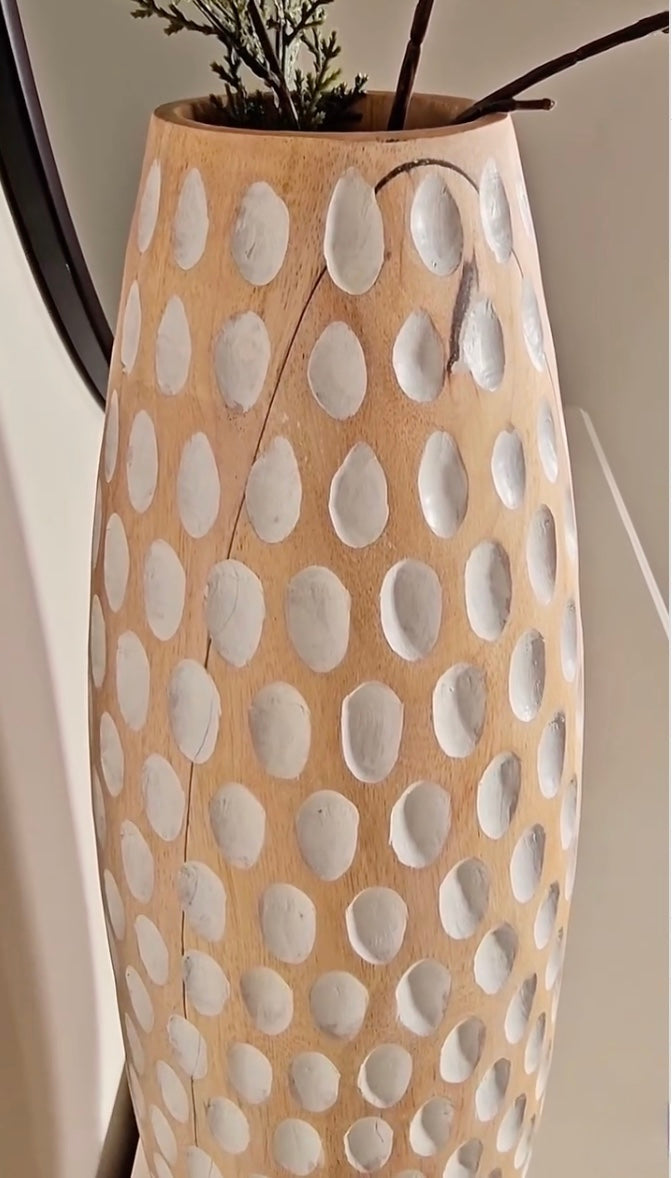 Rustic Floral Arrangement Vase – Handcrafted Wooden Design with White Dots
