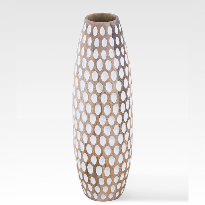 Rustic Floral Arrangement Vase – Handcrafted Wooden Design with White Dots