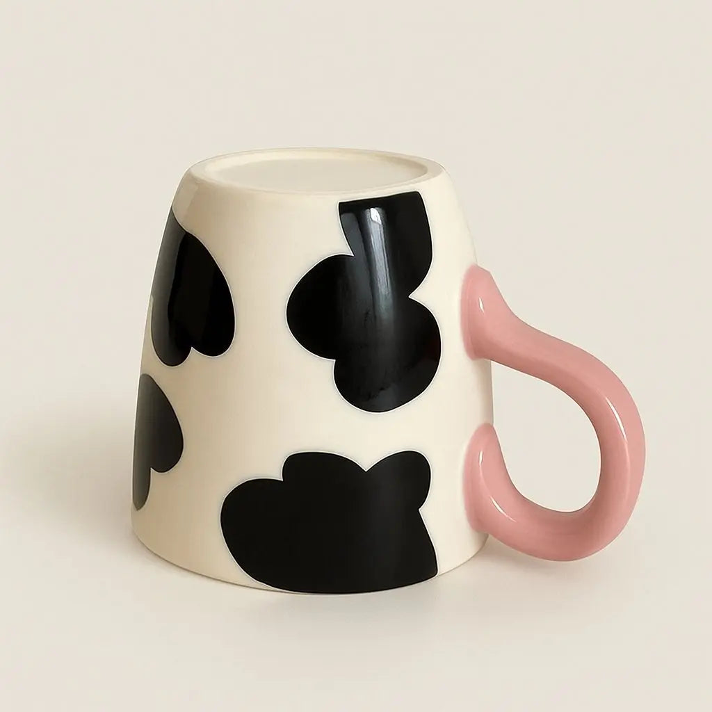 Charming Cow-Print Ceramic Coffee Mug with Pink Handle