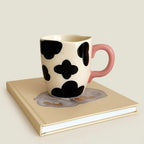 Charming Cow-Print Ceramic Coffee Mug with Pink Handle
