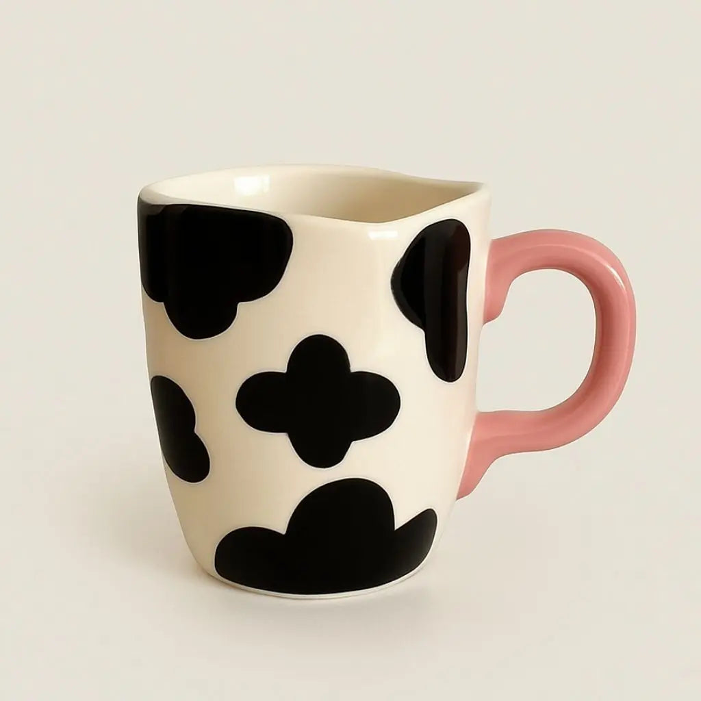 Charming Cow-Print Ceramic Coffee Mug with Pink Handle
