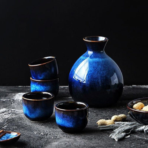 Ceramic Sake Set in Indigo Blue – 5-Piece for Hot and Cold Beverages