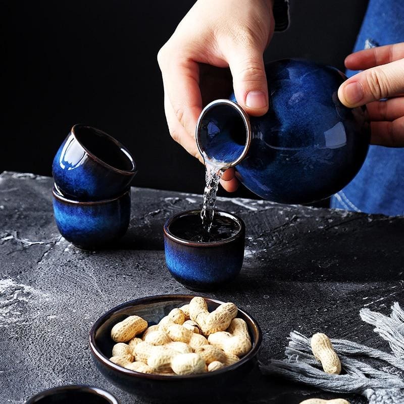 Ceramic Sake Set in Indigo Blue – 5-Piece for Hot and Cold Beverages