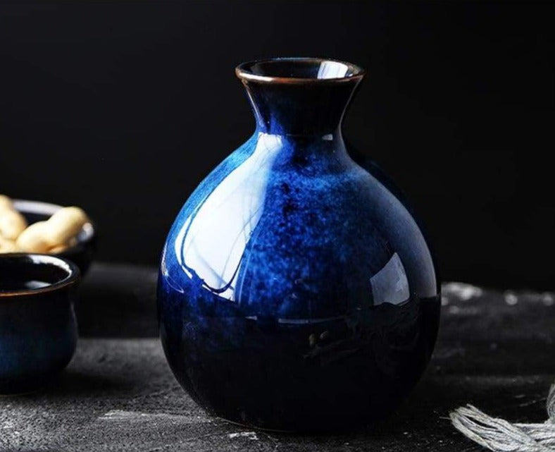 Ceramic Sake Set in Indigo Blue – 5-Piece for Hot and Cold Beverages