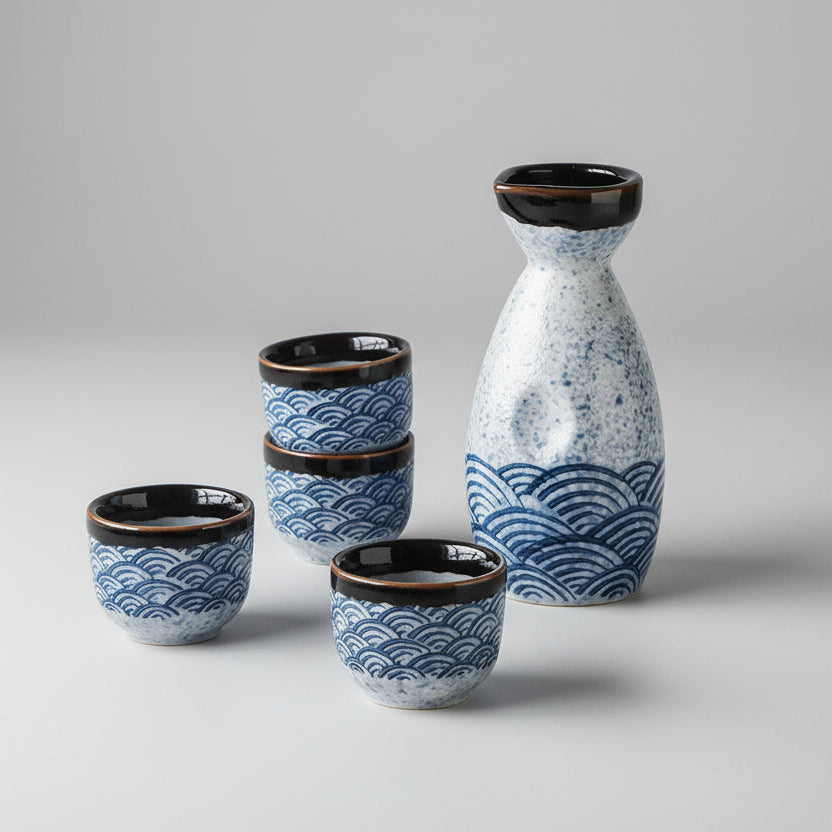 Ceramic Sake Drinking Set – 5-Piece Handmade Japanese Design with Wave Motif