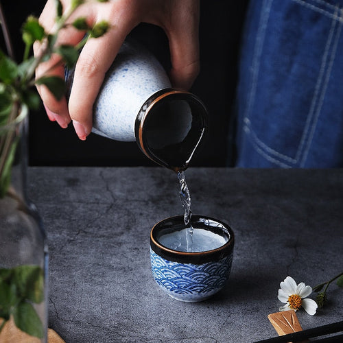 Ceramic Sake Drinking Set – 5-Piece Handmade Japanese Design with Wave Motif