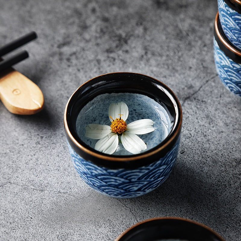 Ceramic Sake Drinking Set – 5-Piece Handmade Japanese Design with Wave Motif