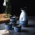 Ceramic Sake Drinking Set – 5-Piece Handmade Japanese Design with Wave Motif
