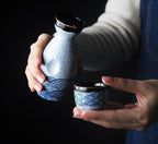 Ceramic Sake Drinking Set – 5-Piece Handmade Japanese Design with Wave Motif