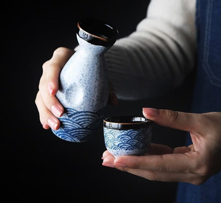Ceramic Sake Drinking Set – 5-Piece Handmade Japanese Design with Wave Motif