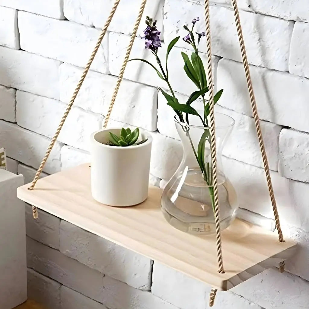 Hanging Rustic Wood Shelf with Rope Suspension
