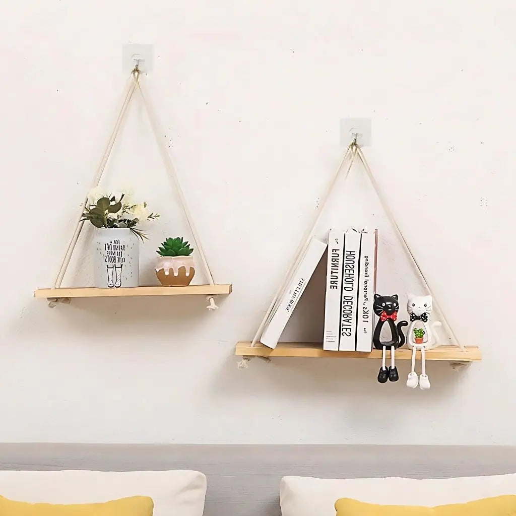 Hanging Rustic Wood Shelf with Rope Suspension