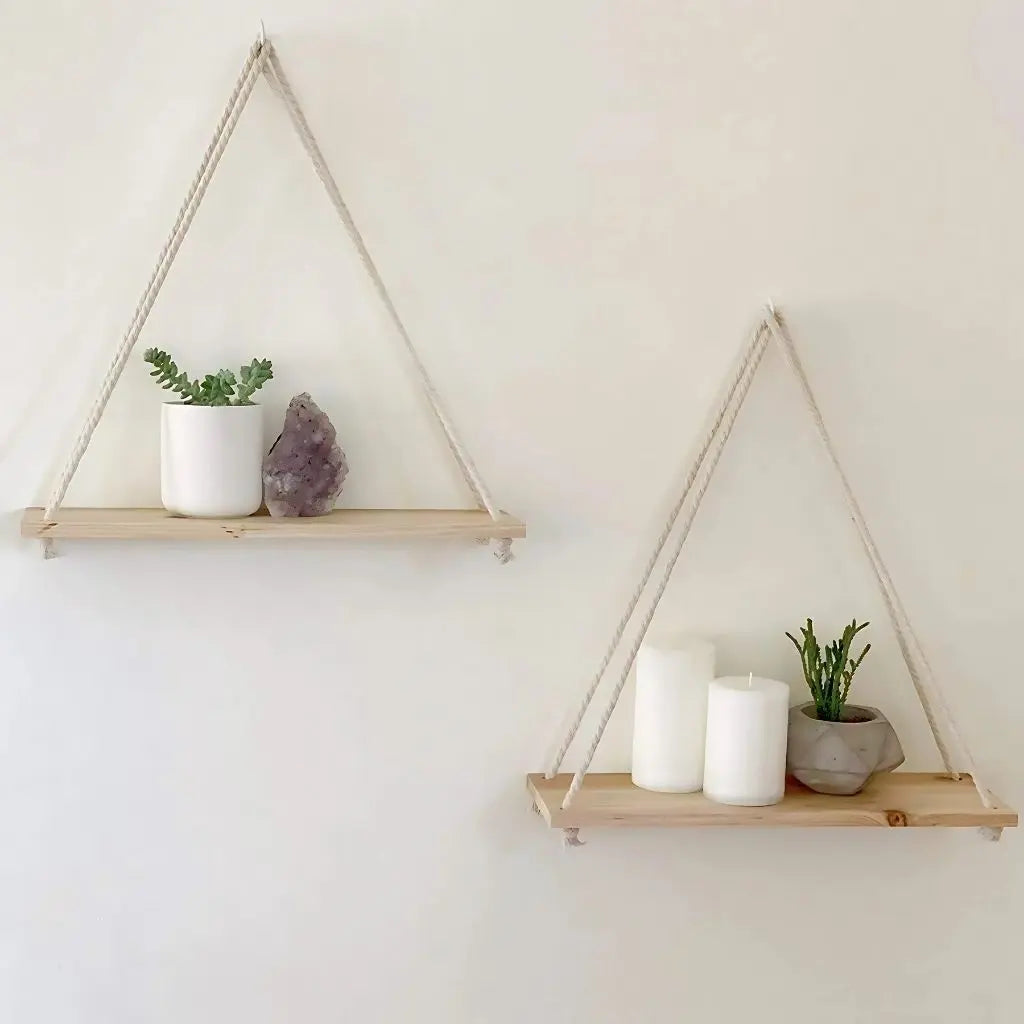 Hanging Rustic Wood Shelf with Rope Suspension