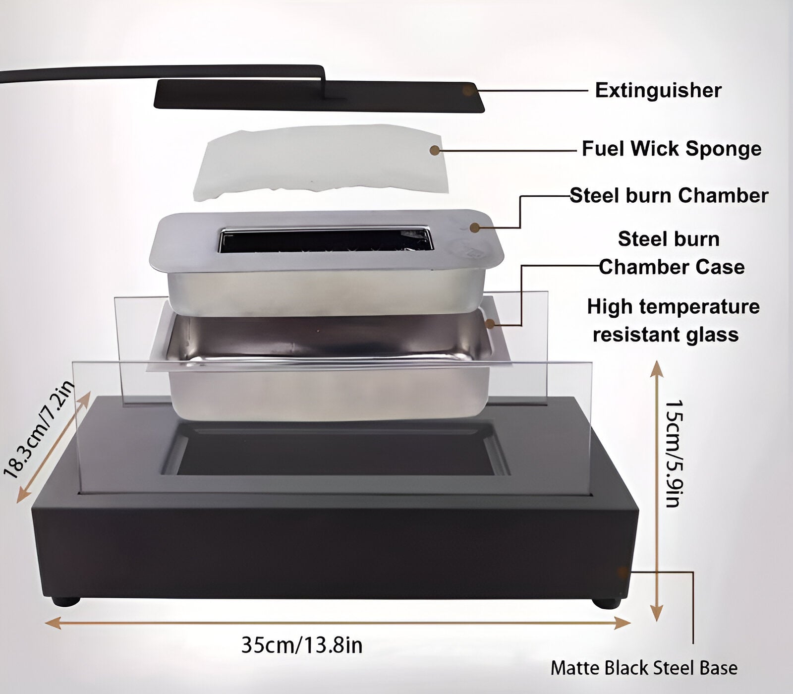 Bioethanol Fireplace with Glass Panels for Rectangular Tabletop