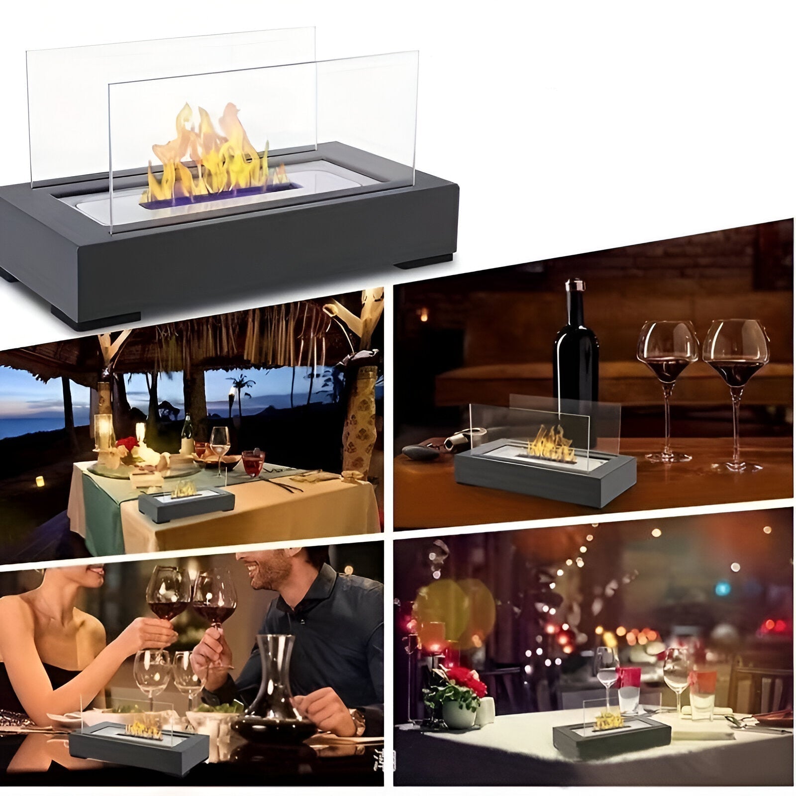 Bioethanol Fireplace with Glass Panels for Rectangular Tabletop