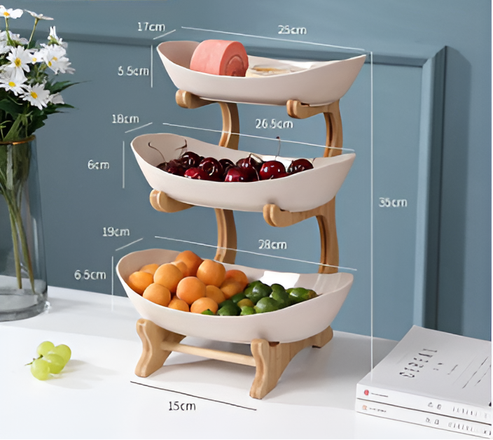 Wooden Stand with Multi-Tiered Fruit Bowl and Trays
