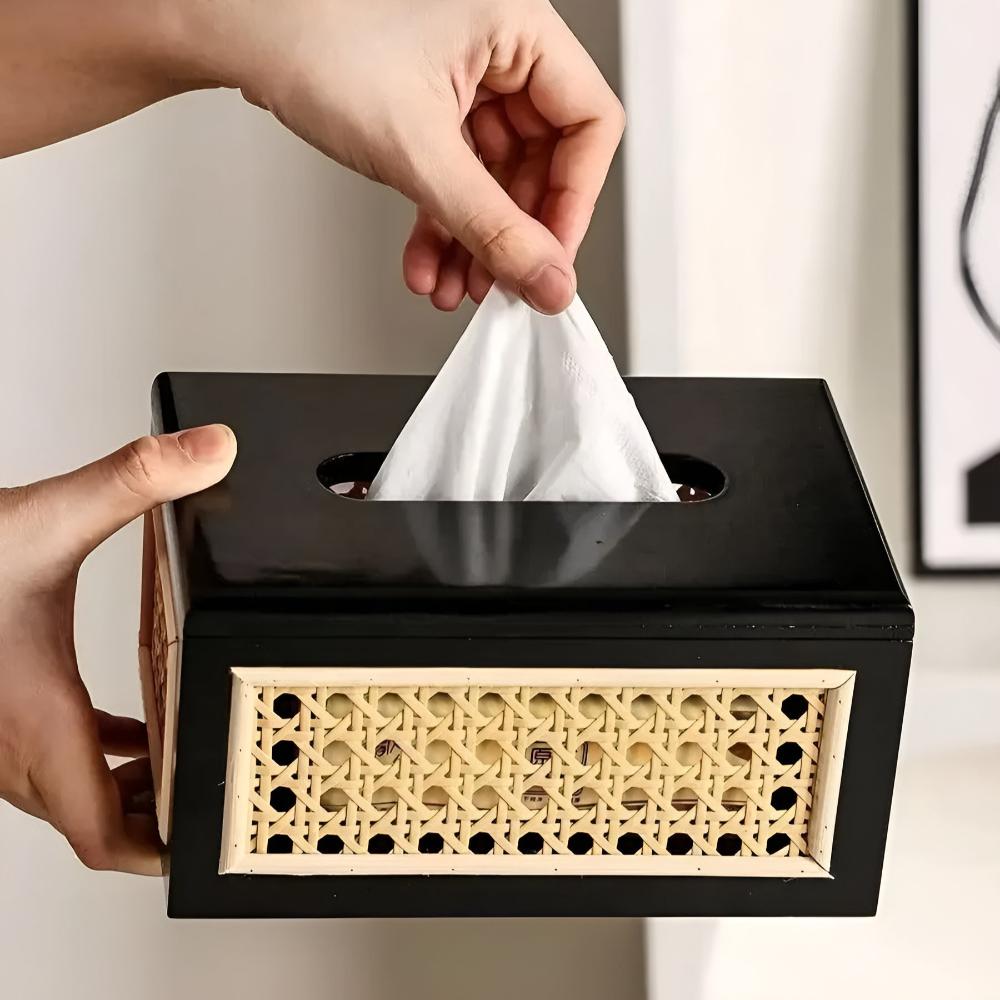 Tissue Box Cover in Rattan and Wood - Minimalist Japandi Style
