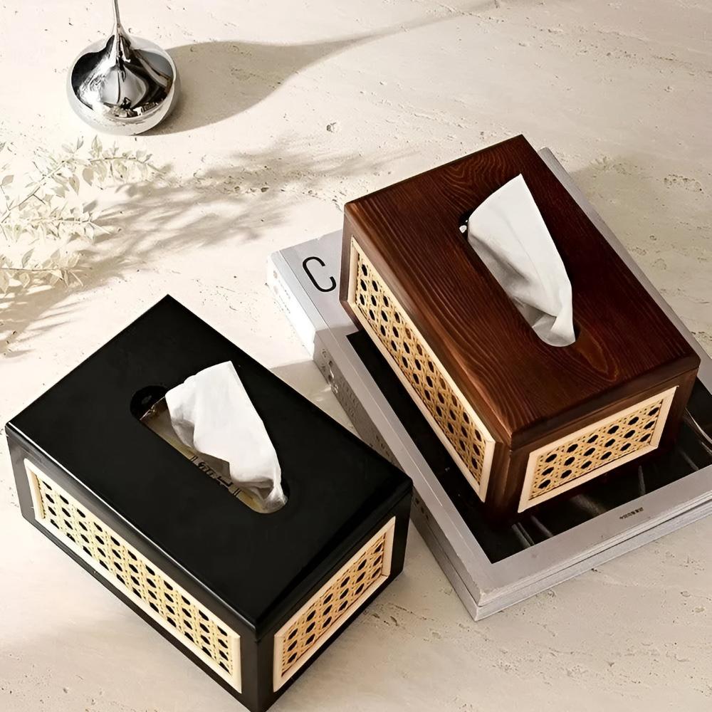 Tissue Box Cover in Rattan and Wood - Minimalist Japandi Style