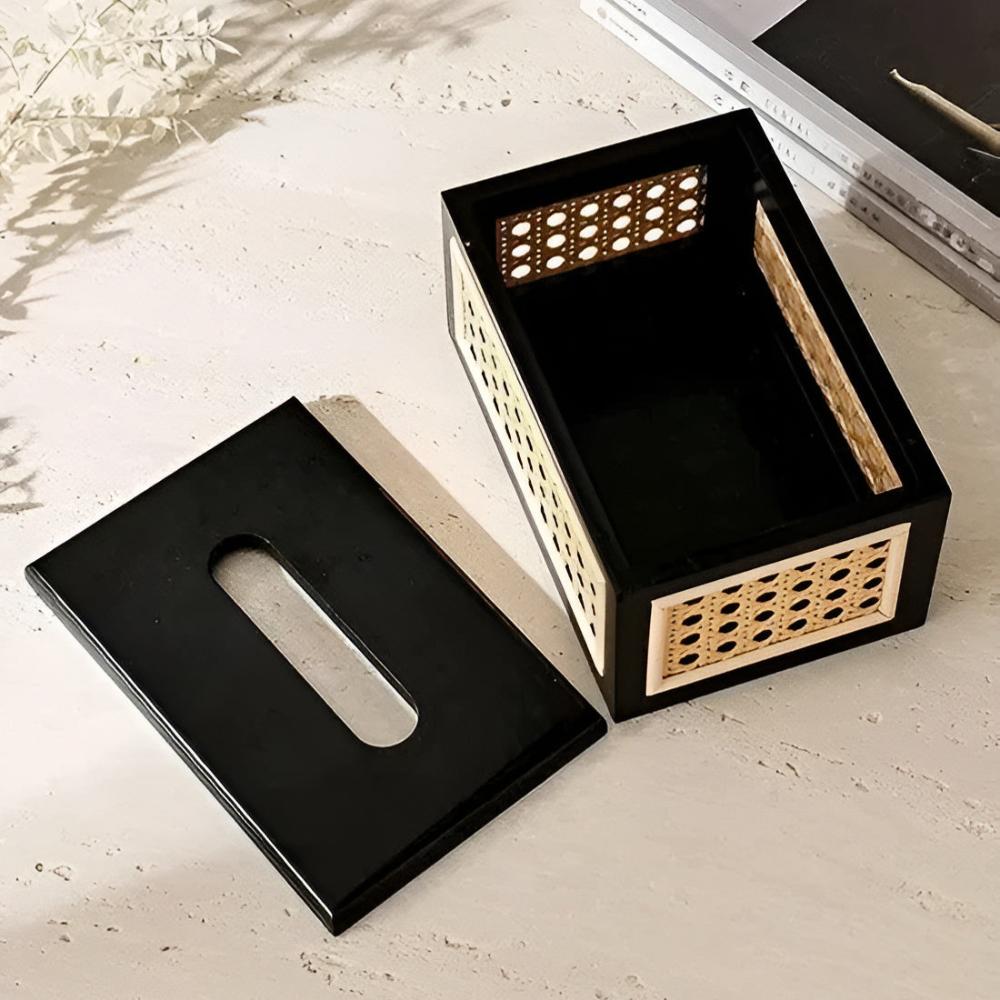 Tissue Box Cover in Rattan and Wood - Minimalist Japandi Style
