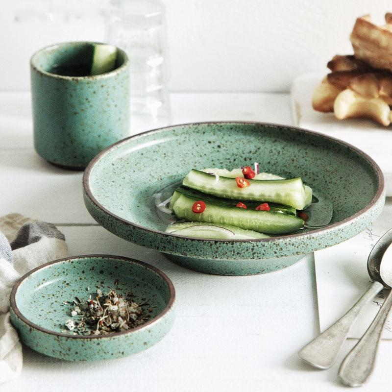 Vintage Glazed Porcelain Dinnerware Set – Unique Shaped Jade Stoneware