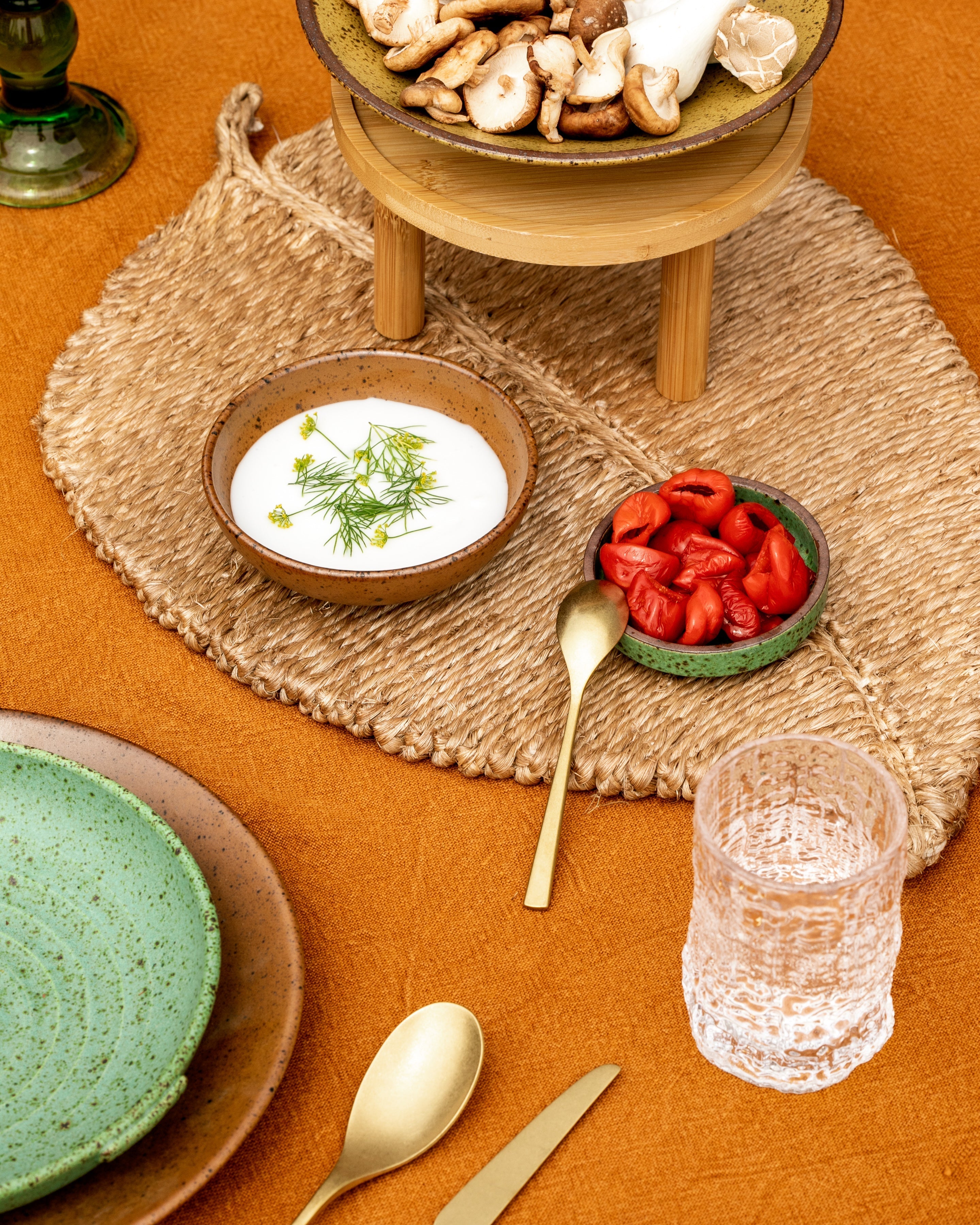 Vintage Glazed Porcelain Dinnerware Set – Unique Shaped Jade Stoneware