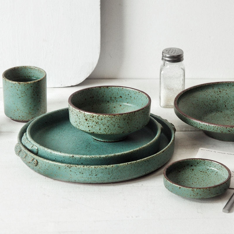 Vintage Glazed Porcelain Dinnerware Set – Unique Shaped Jade Stoneware