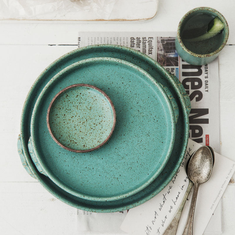Vintage Glazed Porcelain Dinnerware Set – Unique Shaped Jade Stoneware