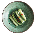 Vintage Glazed Porcelain Dinnerware Set – Unique Shaped Jade Stoneware