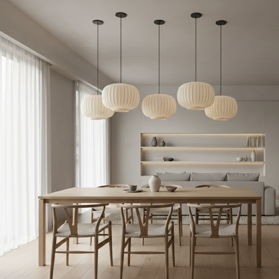 Silk Pendant Light for Modern Home Decor – Japandi Style Staircase Lamp