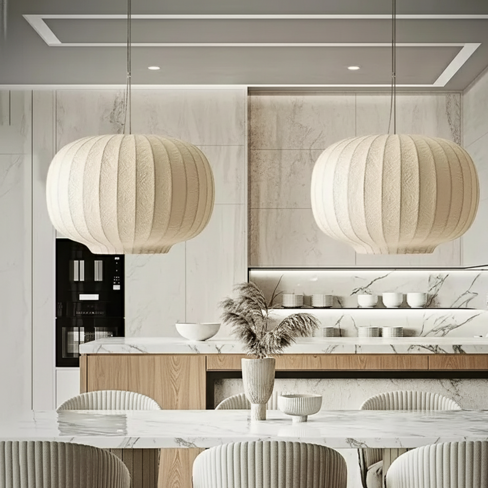 Silk Pendant Light for Modern Home Decor – Japandi Style Staircase Lamp