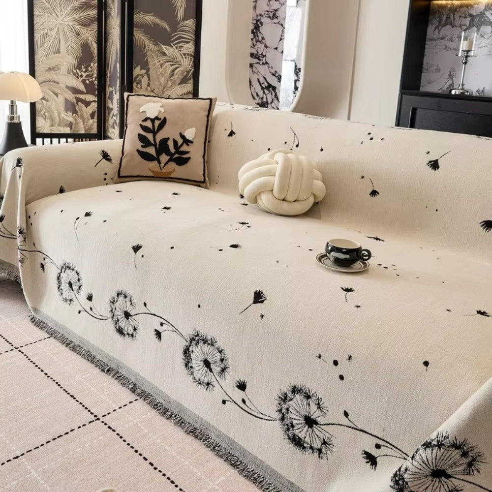 Soft Microfiber Sofa Cover with Japandi Dandelion Design