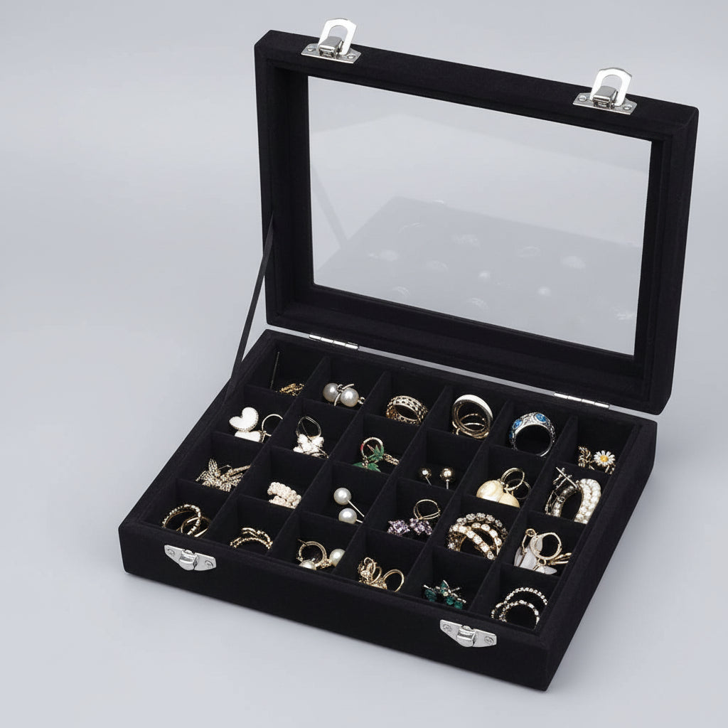 Velvet Jewelry Storage Box with Glass Lid - Mother's Day Gift Tray