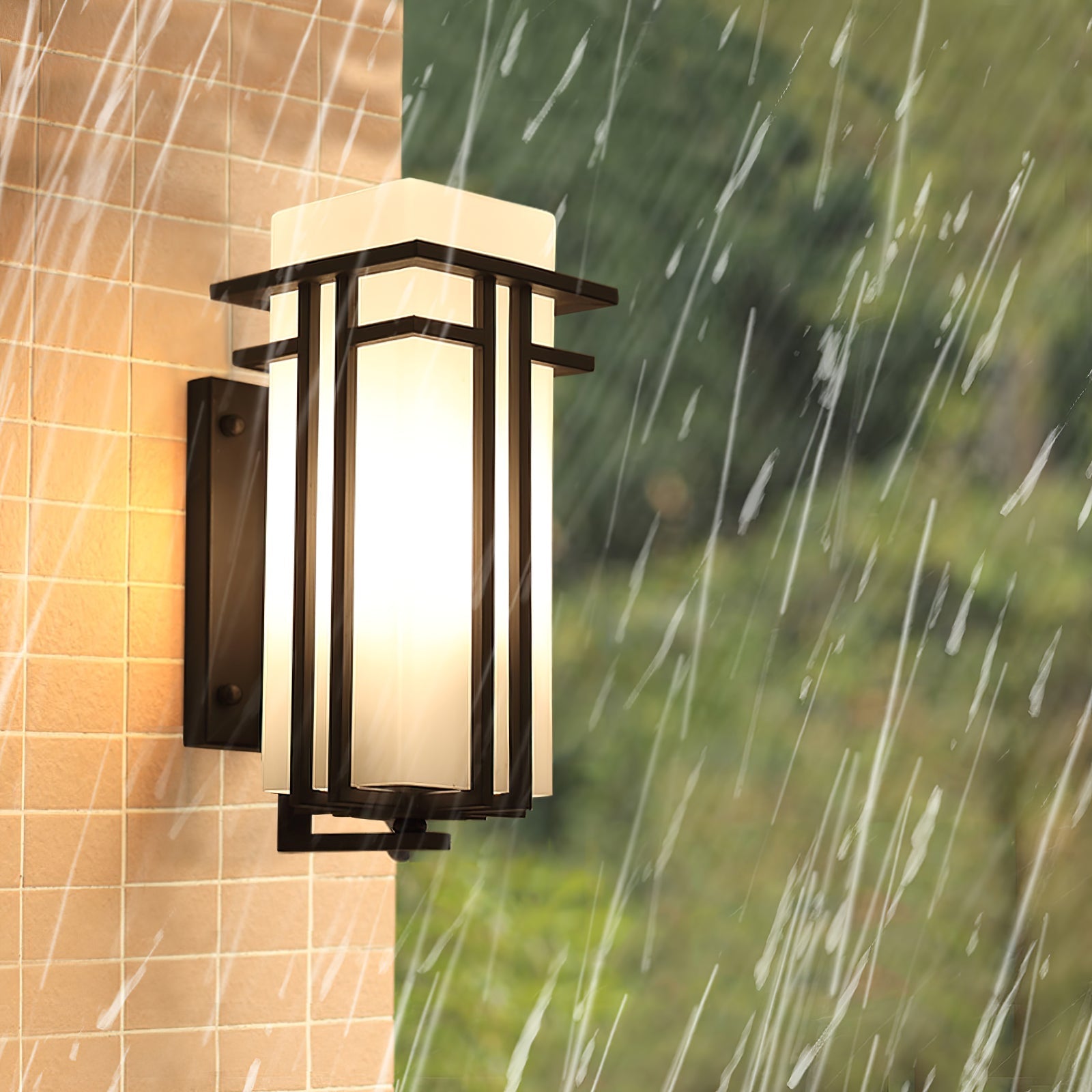Rectangular Glass Shade Outdoor Wall Fixture with Metal Frame